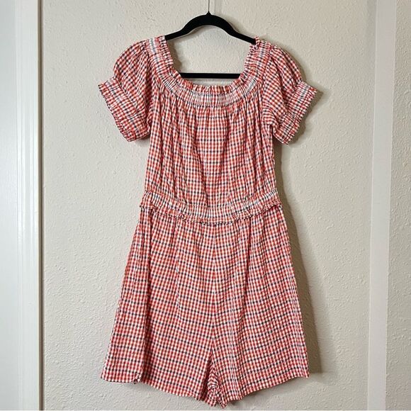 Anthropologie Gingham Off the Shoulder Seersucker Romper Size Medium - Picture 7 of 9